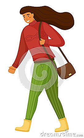 Walking woman with bag on shoulder, isolated cartoon character, young girl wearing warm sweater Vector Illustration