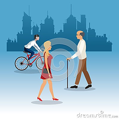 Walking woman elder man young ride bike city background Vector Illustration