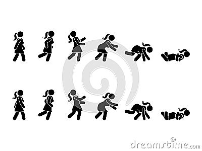 Walking woman stick figure pictogram set. Different positions of stumbling and falling icon set symbol posture on white. Vector Illustration