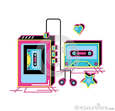 Walkman with headphones and cassette of nineties retro Vector Illustration