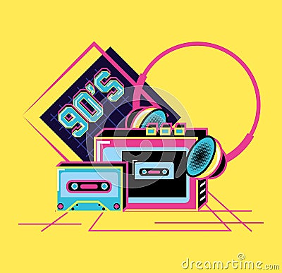 Walkman with headphones and cassette of nineties retro Vector Illustration