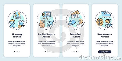 Walkthrough medical tourism with colorful linear icons Vector Illustration