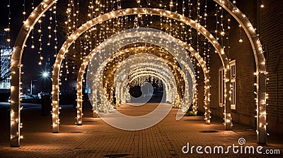 Walkway with arches and fairy lights Stock Photo