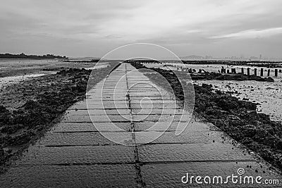 Wet walkway on a beach in Beishan on Kinmen Island, Taiwan Stock Photo