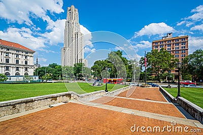 Walkway and the Cathedral of Learning at the University of Pittsburgh, in Pittsburgh, Pennsylvania Editorial Stock Photo