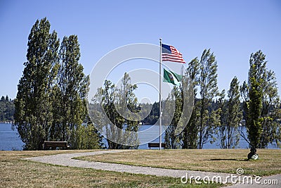 Walkway USA Country Flags and Bench Stock Photo