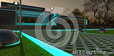 Walkway with illuminated curb on the lawn in the garden of private contemporary dwelling. Steel balls on the grass reflect the Stock Photo