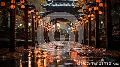 A walkway with lanterns and a pagoda Stock Photo