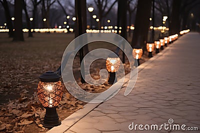 a walkway lined with lighted lanterns in a park Stock Photo