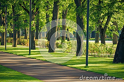 Walkway in the public park. Empty bicycle road in city park Stock Photo
