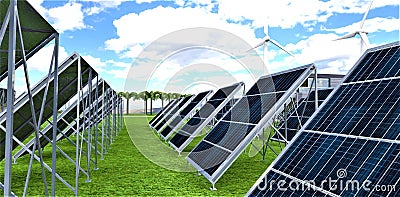Walkway between rows of steel-framed solar panels installed on the lawn of an eco-friendly estate in the mountains. 3d rendering Stock Photo