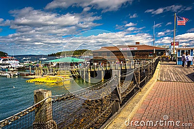 Walkway and view of the harbor in Bar Harbor, Maine. Editorial Stock Photo