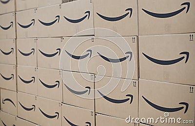 Wall of Amazon Prime shipping boxes Editorial Stock Photo