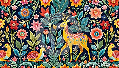 Wall architecture seamless decorating design colorful floral flower animal Cartoon Illustration
