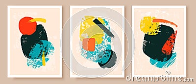 Wall art composition. Hand drawn minimalistic grunge shapes. Colorful textures, backgrounds. Collage design. Vector Illustration