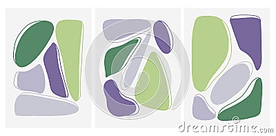 Wall art decoration with three pastel abstract figures drawing in boho minimal style. Vector illustrations with spotsand lines. Vector Illustration