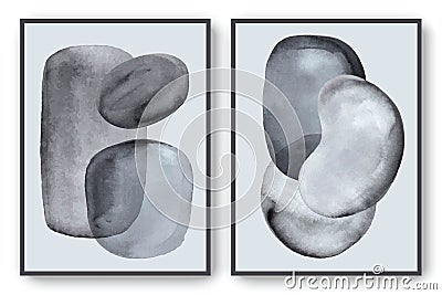 Wall art poters. Grey watercolor corcles, ovals. Balanced monochrome composition with natural geometric forms. Stock Photo