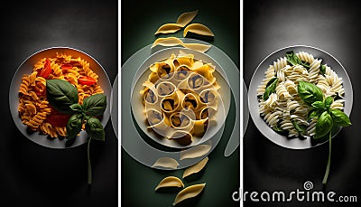 wall art triptych poster with italian pasta, food, close up, Stock Photo