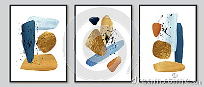 Wall art triptych. Set of posters with golden, blue watercolor brush strokes and black splatters. Home decor design. Vector Illustration