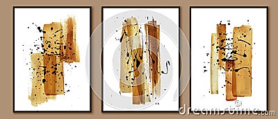 Wall art triptych. Set of posters with golden watercolor brush strokes and black splatters. Home decor design. Vector Illustration