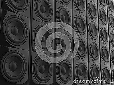 Wall of bass sub woofer sound speakers - angled shot Stock Photo