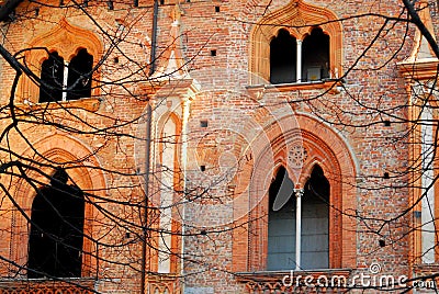 Wall, with beautiful mullioned windows, the castle of Vigevano near Pavia in Lombardy (Italy) Stock Photo