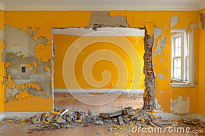 A Wall Being Knocked Down to Create an Open Floor Plan. Generative AI Stock Photo