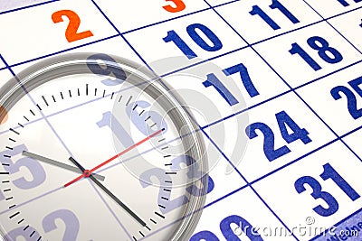 Wall calendar calendar with the number of days and clock close up Stock Photo