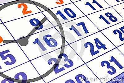 Wall calendar calendar with the number of days and clock close up Stock Photo