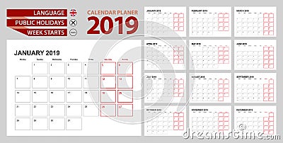 Wall calendar planner 2019 in English, week starts in Monday Vector Illustration