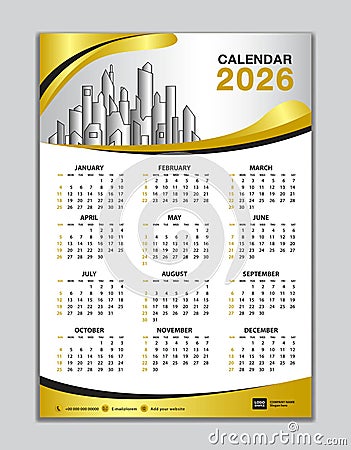 Wall calendar 2026 template, calendar 2026 design, gold wave background, desk calendar 2026 design, Week start Sunday, flyer, Set Vector Illustration