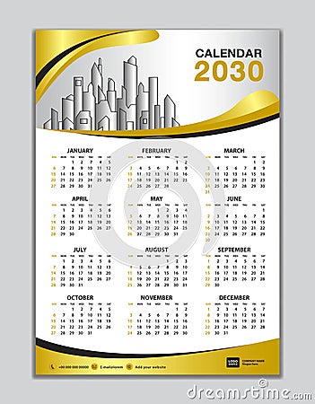 Wall calendar 2030 template, calendar 2030 design, gold wave background, desk calendar 2030 design, Week start Sunday, flyer, Set Vector Illustration