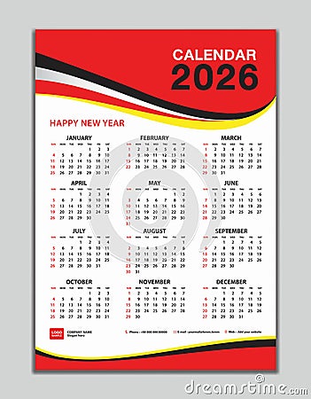 Wall calendar 2026 template, calendar 2026 design, red wave background, desk calendar 2026 design, Week start Sunday, flyer, Set Vector Illustration