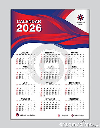 Wall calendar 2026 template on red wave background, calendar 2026 design, desk calendar 2026 design, Week start Sunday, flyer, Set Vector Illustration