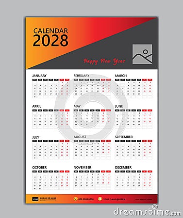 Wall Calendar 2028 template, Week Starts on monday, Set of 12 Months for calendar 2028 year, Desk calendar 2028 template, poster, Vector Illustration