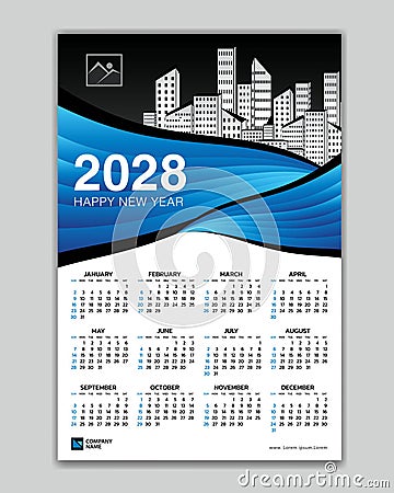 Wall calendar 2028 year blue wave template vector with Place for Photo and Logo. Week Starts on sunday. desk calendar 2028 design Vector Illustration