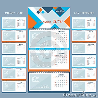 Wall calendar 2016 years . Vector design template with place for your photo. Vector Illustration