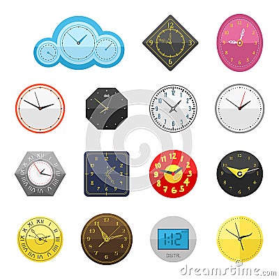 Wall clock circle sign with chronometer pointer collection and deadline stopwatch speed office alarm timer minute watch Vector Illustration