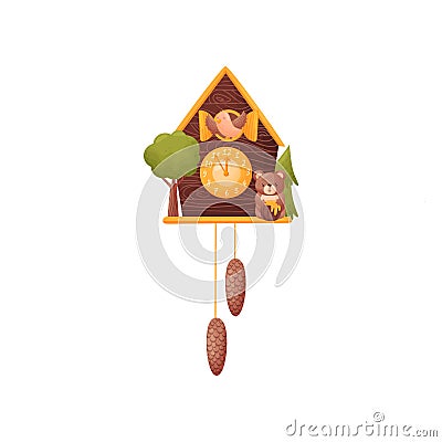 Wall clock in the form of a house. Bird looks out of the window. Bear with a barrel of honey. Vector illustration on a Vector Illustration