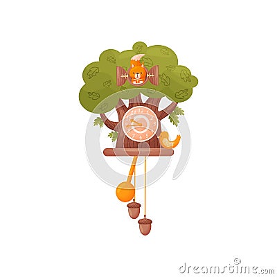 Wall clock in the form of a tree. Squirrel looks out of the window, the bird sits in front of the house. Vector Vector Illustration