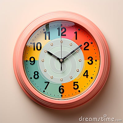 Wall clock, rainbow dial background, pastel background - AI generated image Stock Photo