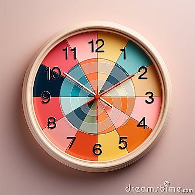 Wall clock, rainbow dial background, pastel background - AI generated image Stock Photo