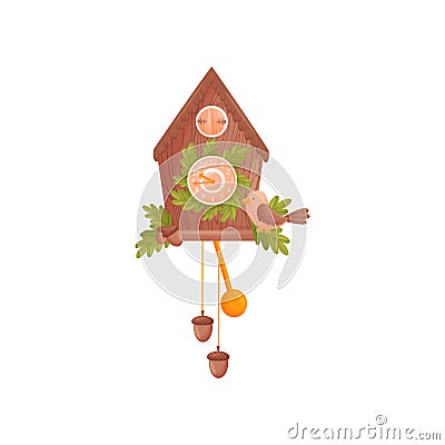 Wall clock in the shape of a house. Decorated with oak leaves. The bird sits in front of the house. Vector illustration Vector Illustration