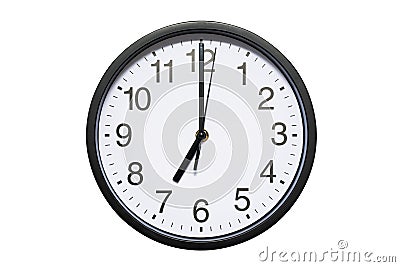 Wall clock shows time 7 o`clock on white isolated background. Round wall clock - front view. Nineteen o`clock Stock Photo