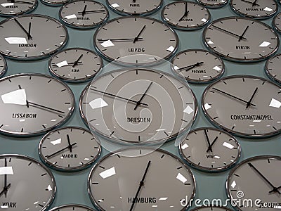 Wall Clock with the time of different European cities in Berlin. Stock Photo