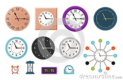 Wall clock set in flat design. Vector illustration. Vector Illustration