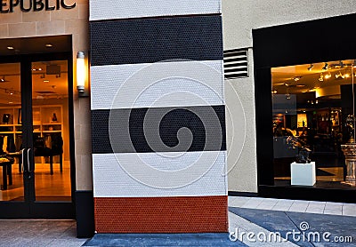 Wall with colorful strips in Westfield Plaza Shopping Center Editorial Stock Photo