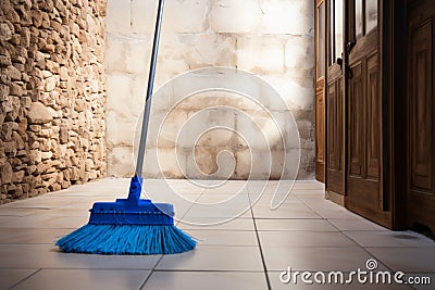 Wall companion Mop casually leans against the quiet wall Stock Photo
