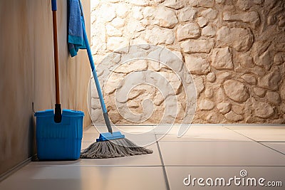 Wall companion Mop casually leans against the quiet wall Stock Photo