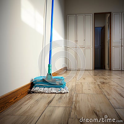 Wall companion Mop casually leans against the quiet wall Stock Photo